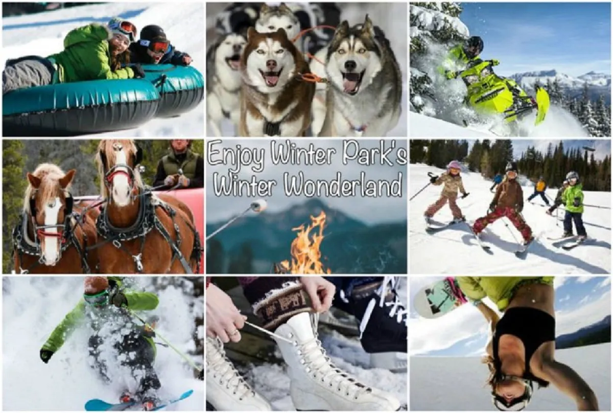 A lively winter scene featuring families and children delighting in snow tubing, dog sledding with huskies, snowmobiling, and skiing. A cozy fire and scenes of playful snow activities create a sense of energetic, multi-generational fun in a snowy landscape.