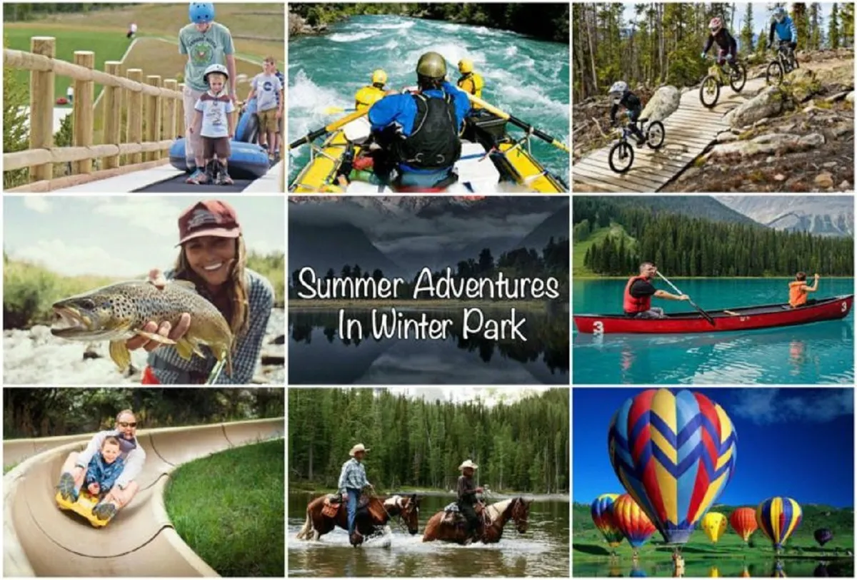 A vibrant outdoor summer scene with families participating in rafting on a river, children playing on a slide, horseback riding, and hot air balloons in a scenic mountain setting. The mood is one of excitement and togetherness in the heart of nature.