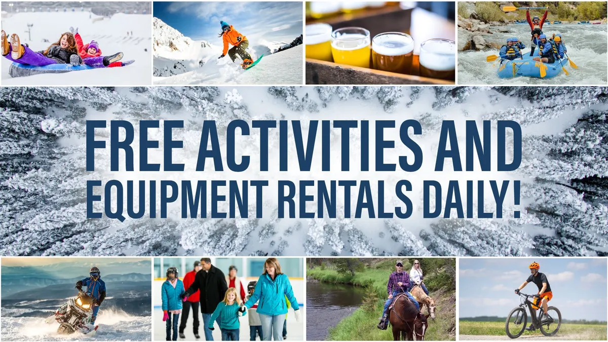 A dynamic scene showcasing people engaged in various outdoor activities—skiing, snowboarding, rafting, biking, and more—set against scenic mountain and forest landscapes. Text highlights complimentary activities, reinforcing the sense of value and adventure.