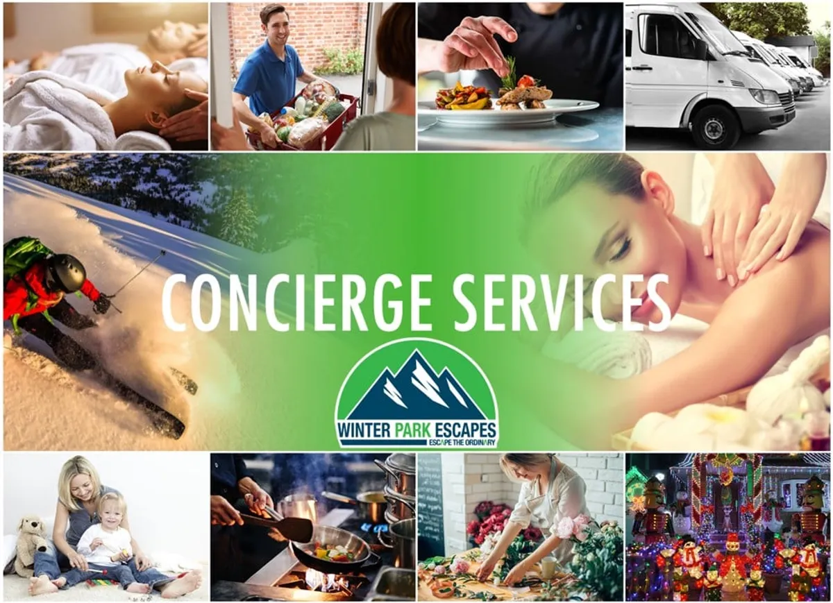 A dynamic collage-style interior image with people enjoying various services: skiing action, spa treatments, food presentation, and family time. The atmosphere is luxurious and family-friendly, hinting at a range of experiences from outdoor thrills to culinary and wellness perks.
